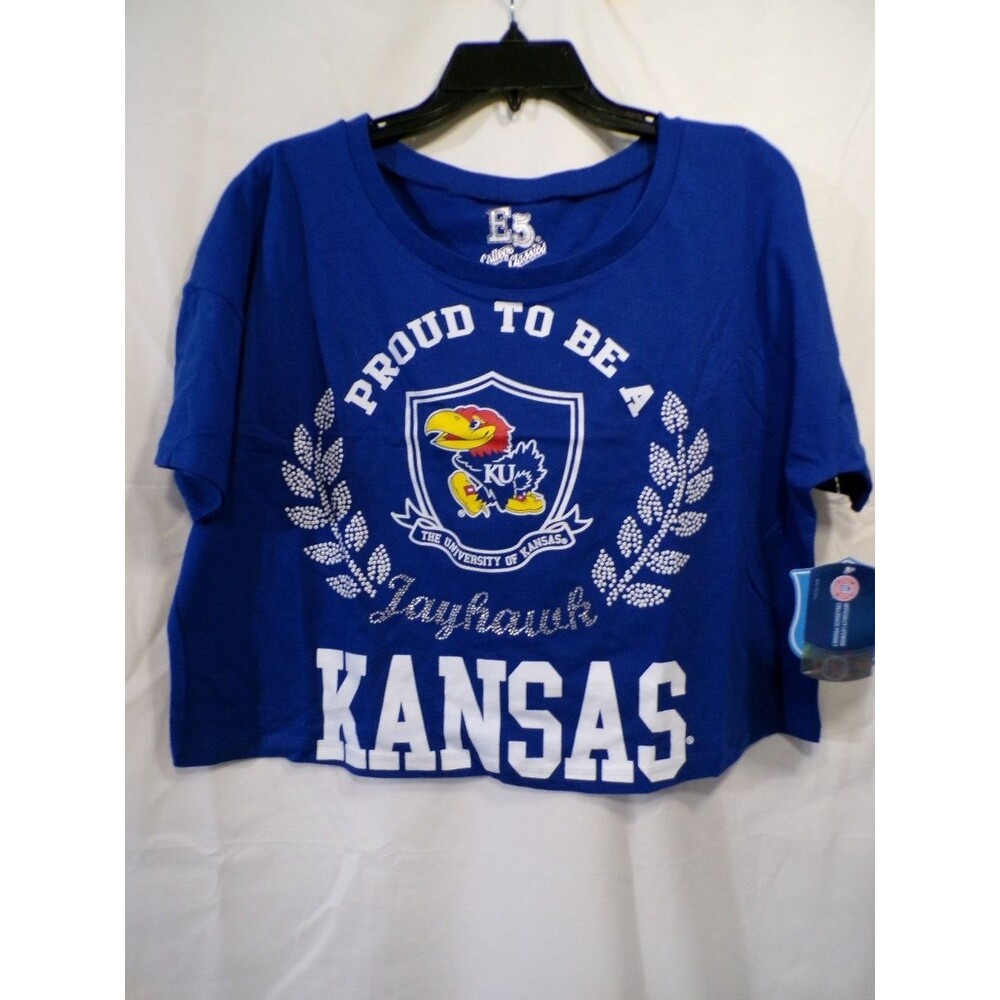 E5 College Classics Women's Kansas Jayhawks Cropped T-Shirt Medium Blue